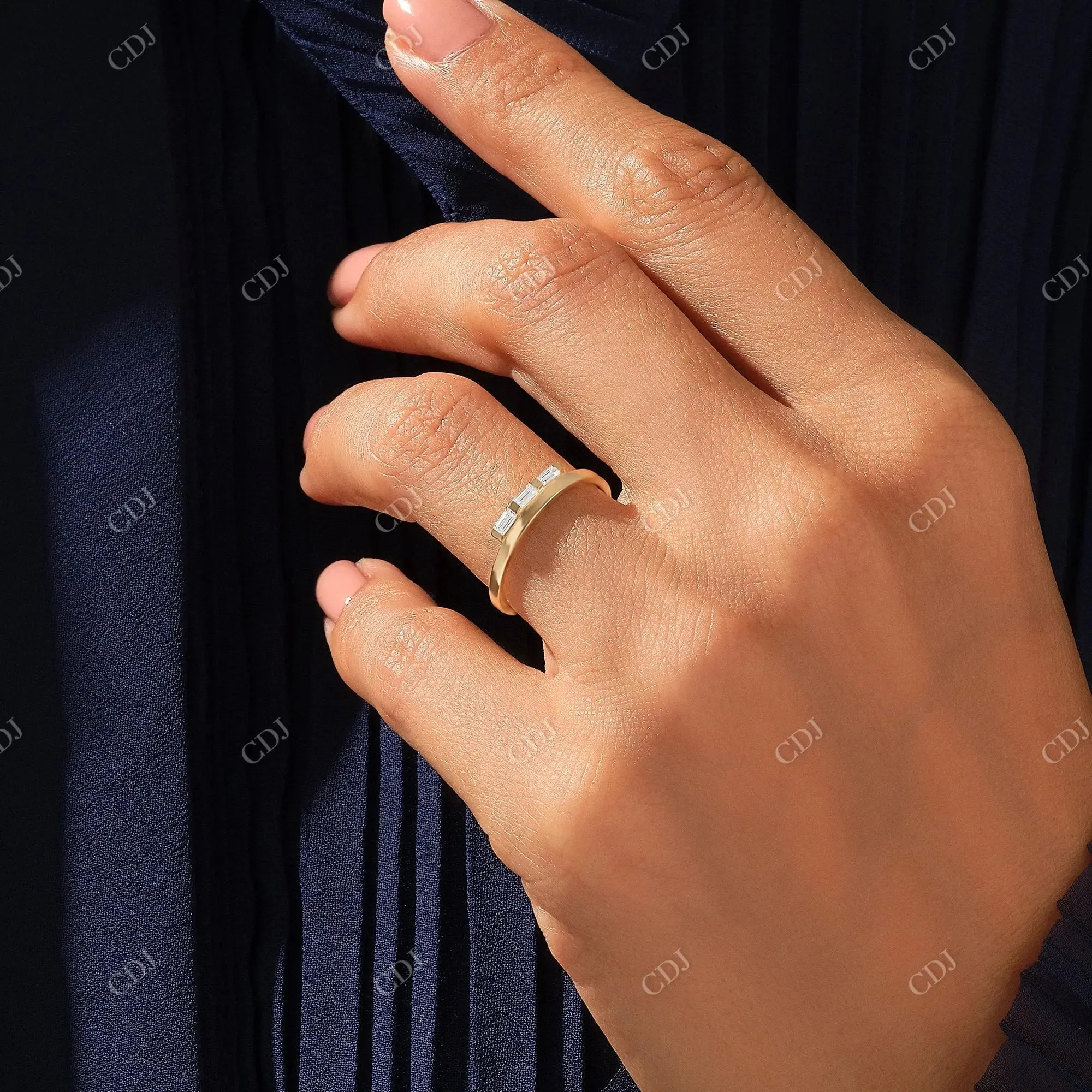 0.15CTW Baguette Cut Lab Grown Diamond Three Stone Wedding Band