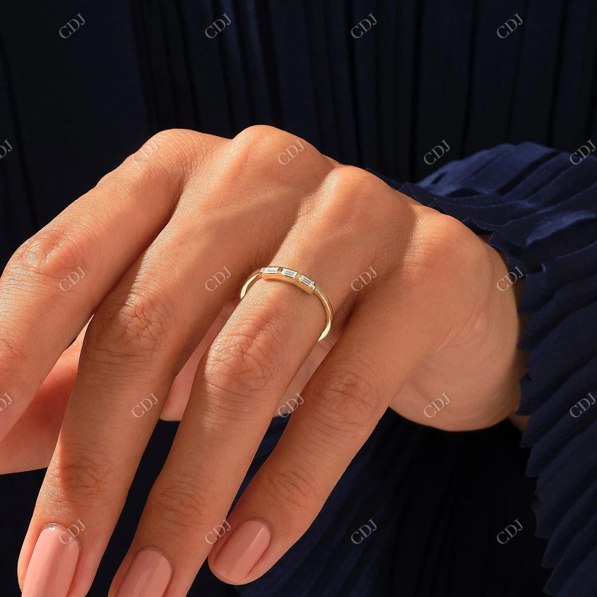 0.15CTW Baguette Cut Lab Grown Diamond Three Stone Wedding Band