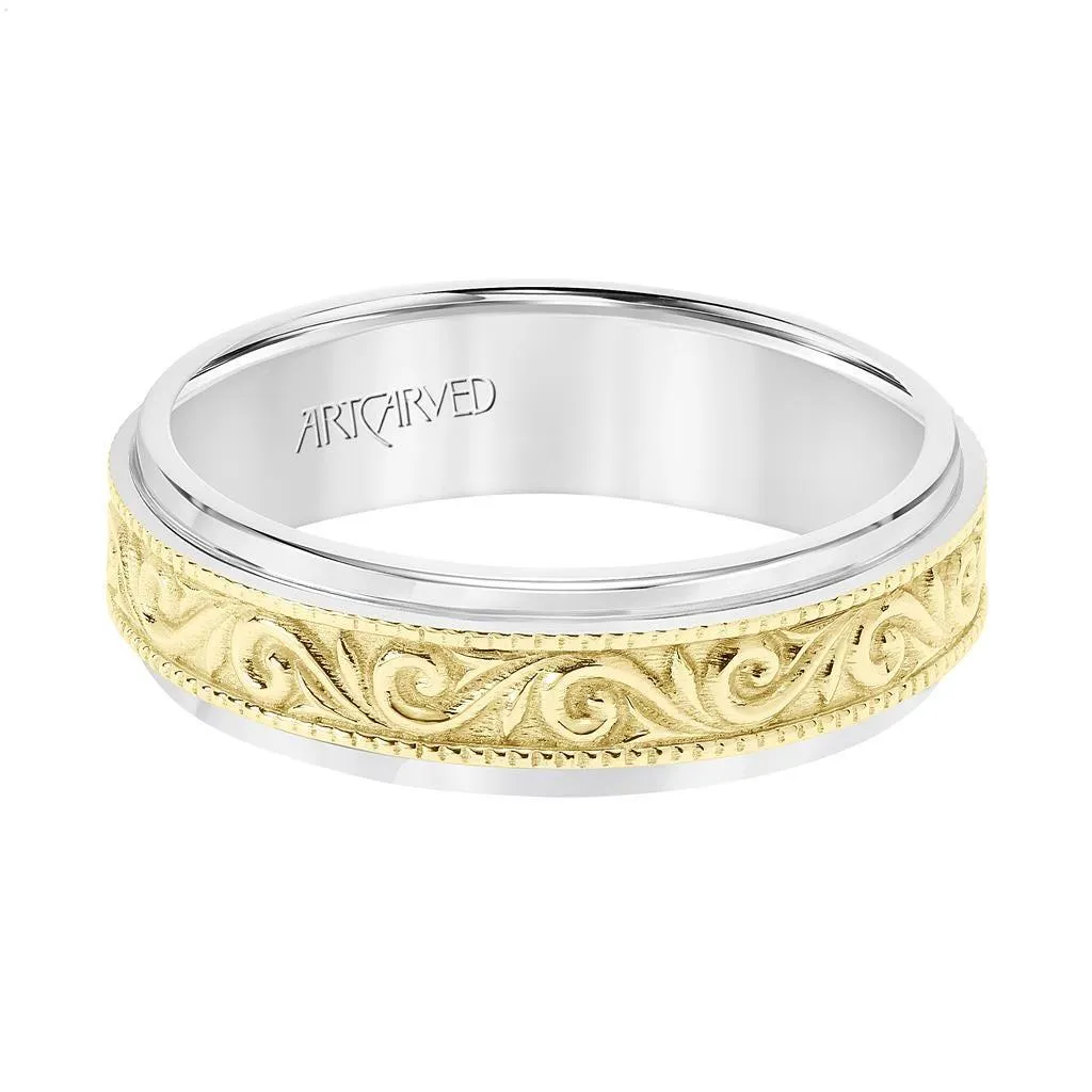 14k Two Toned White & Yellow Gold Wedding Band Raised Paisley Inlay Design Milgrain Detail Round Edges- 6.5 mm