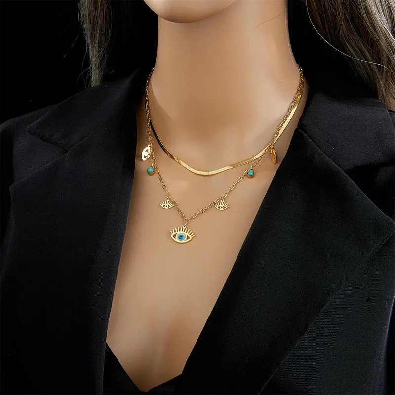316L Stainless Steel Blue Eye Shape Pendant Necklace For Women