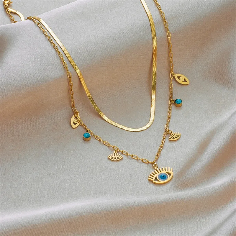 316L Stainless Steel Blue Eye Shape Pendant Necklace For Women