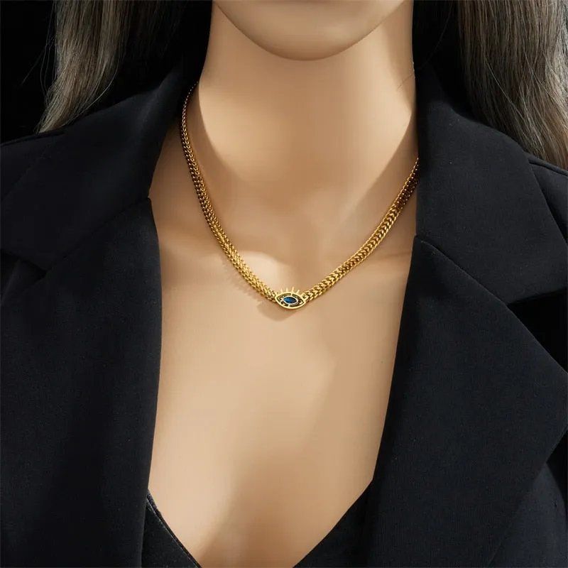 316L Stainless Steel Eye Shape Blue Zircon Necklace For Women