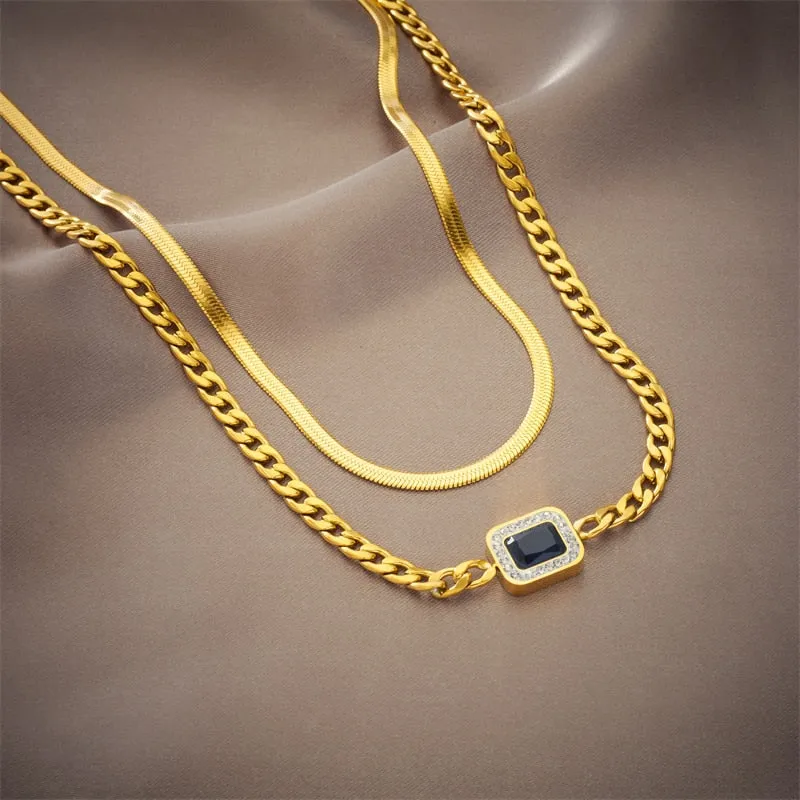 316L Stainless Steel Square Blue Zircon Pendant Necklace For Women