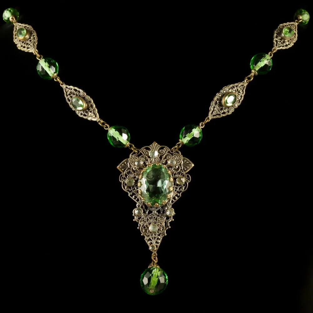 Antique Victorian Green Paste Necklace Filigree 1900