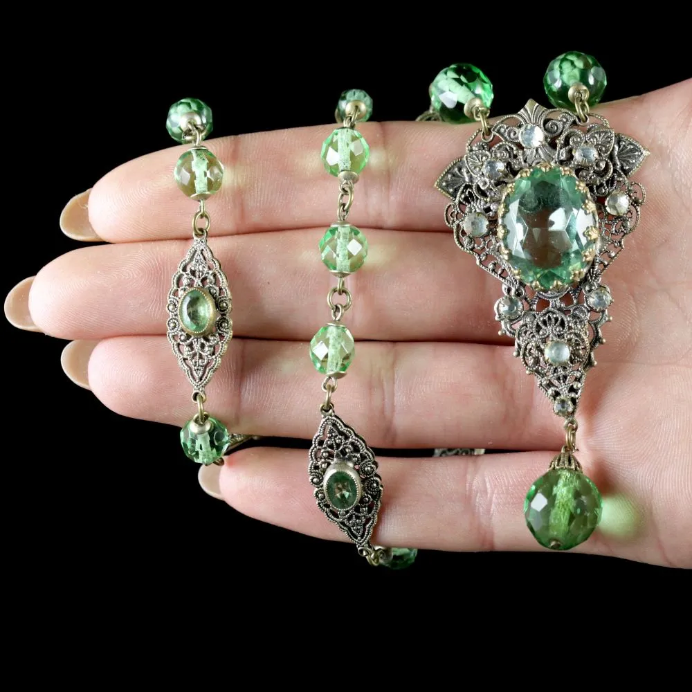 Antique Victorian Green Paste Necklace Filigree 1900