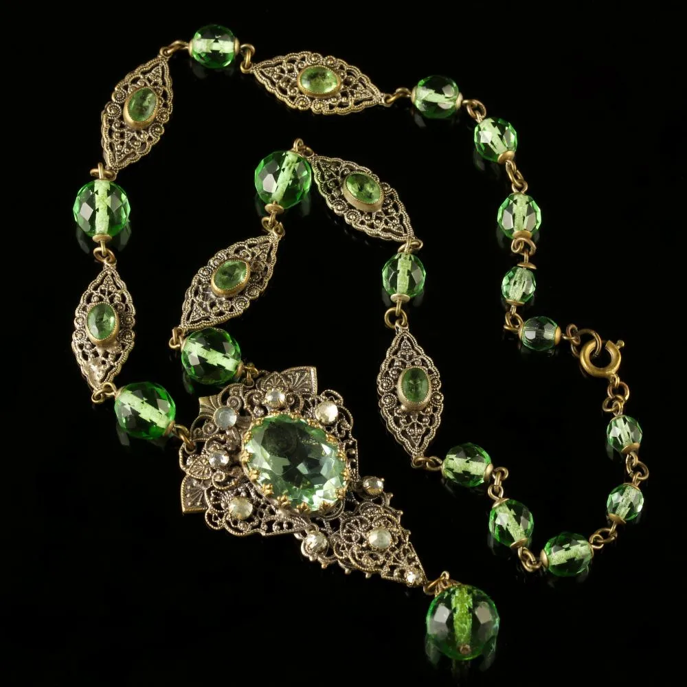 Antique Victorian Green Paste Necklace Filigree 1900