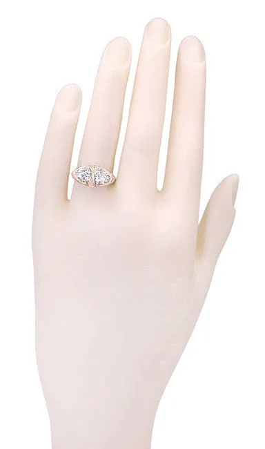 Art Deco 14 Karat Rose Gold Filigree White Topaz Loving Duo Ring