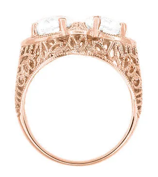 Art Deco 14 Karat Rose Gold Filigree White Topaz Loving Duo Ring