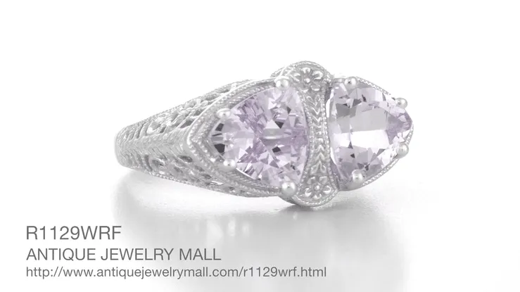 Art Deco Rose de France Amethyst Loving Duo Filigree Ring in 14 Karat White Gold