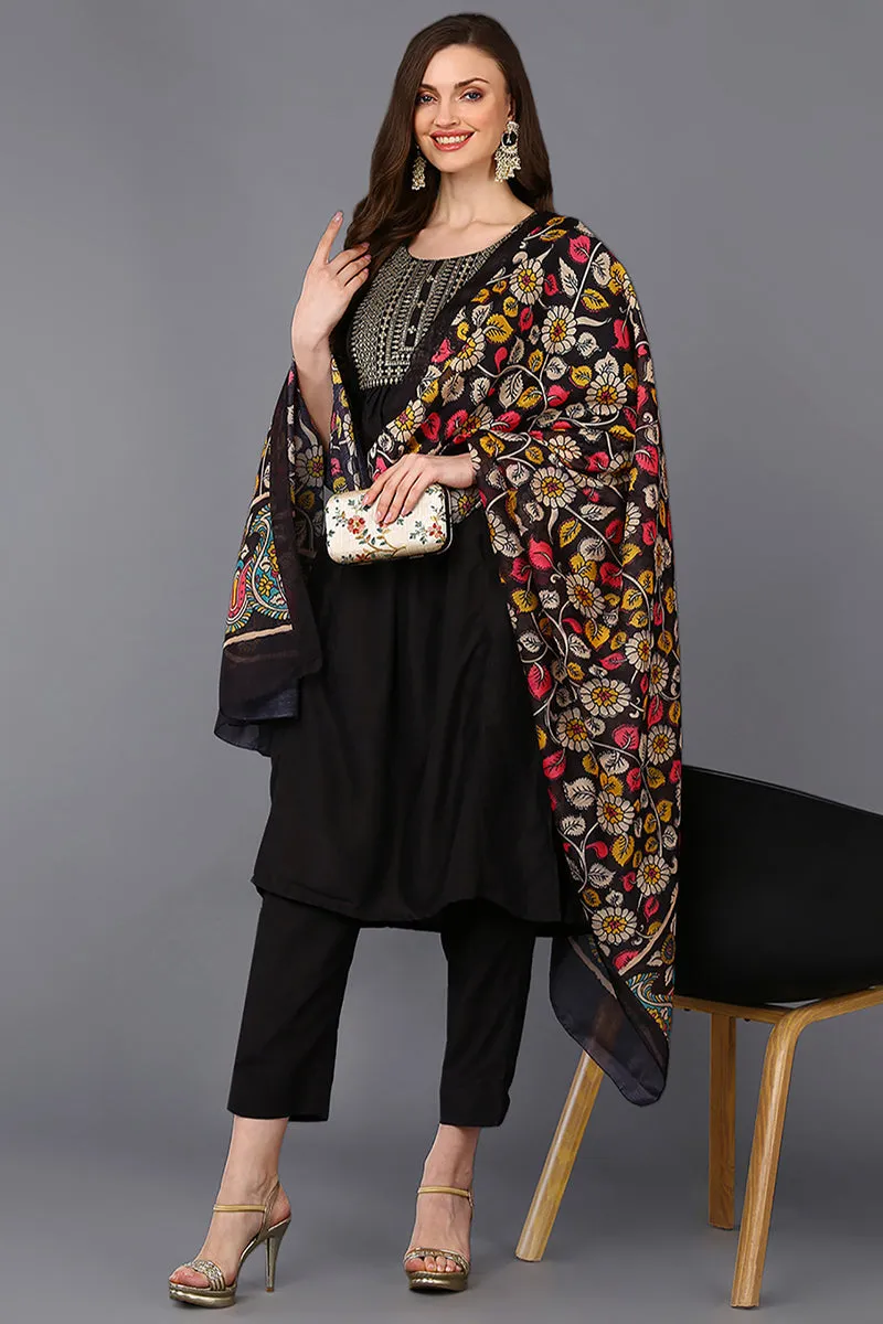 Black Silk Blend Solid Straight Suit Set