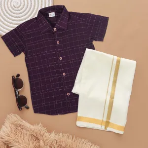 Deep Plum Boys Ethnic Silk Shirt & Dhoti with Classic Check Design