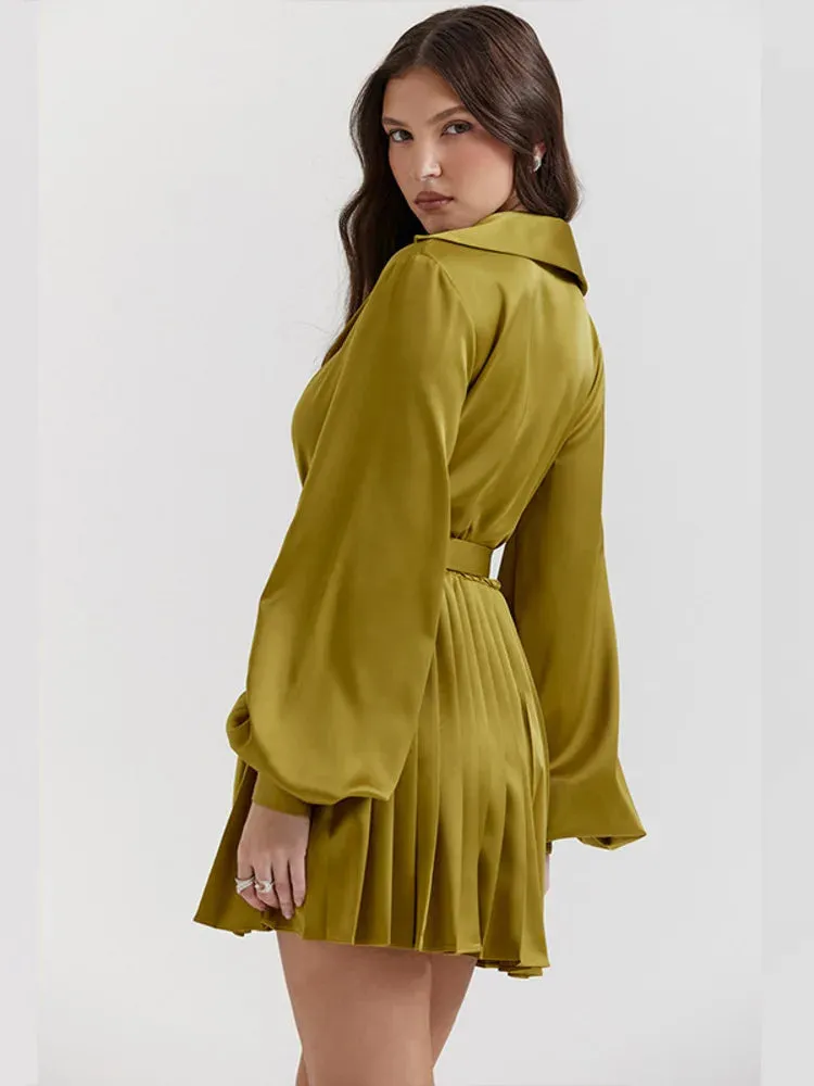 Deep V Neck Satin Long Sleeve Solid Sexy Evening Dress Women 2024 New Party Slim Bandage Pleated Mini Dress