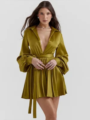 Deep V Neck Satin Long Sleeve Solid Sexy Evening Dress Women 2024 New Party Slim Bandage Pleated Mini Dress