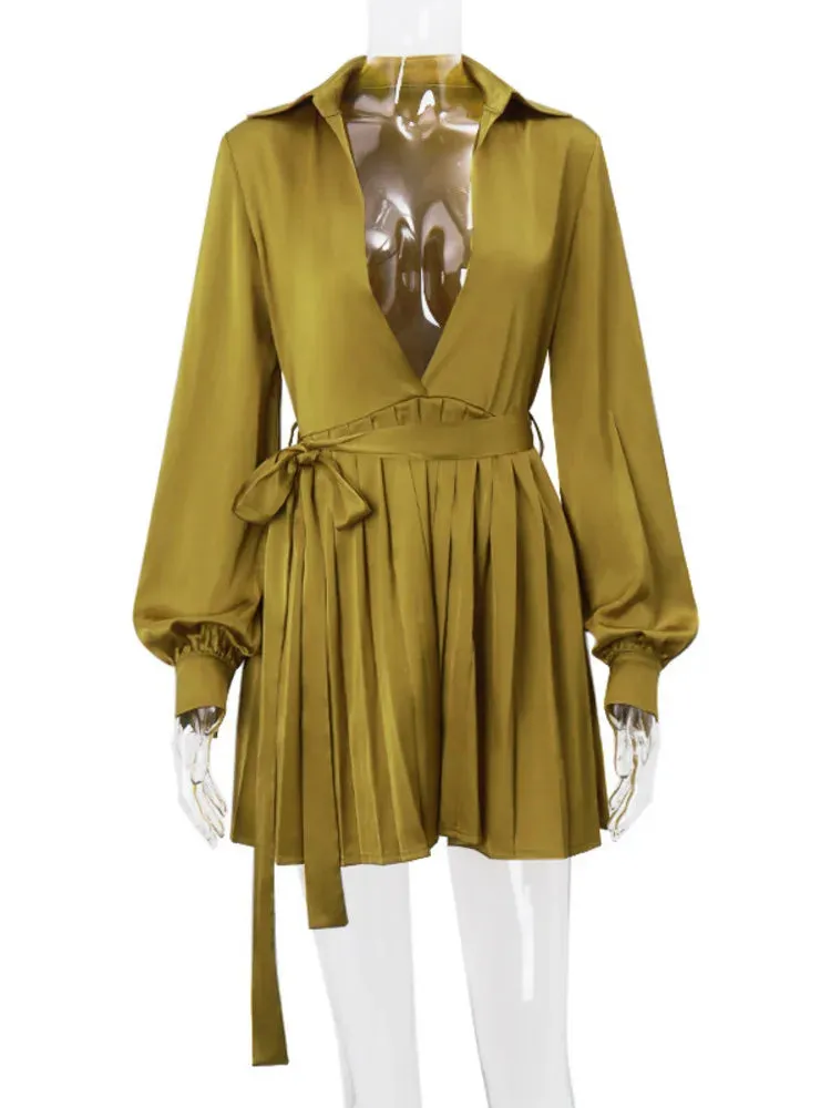 Deep V Neck Satin Long Sleeve Solid Sexy Evening Dress Women 2024 New Party Slim Bandage Pleated Mini Dress