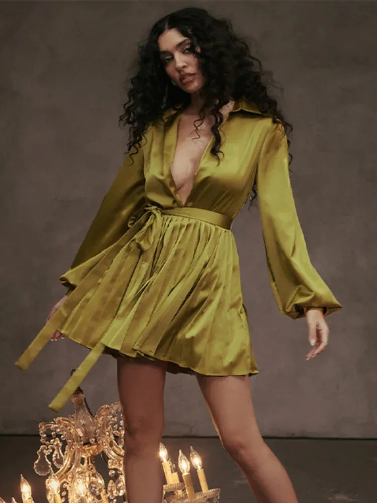 Deep V Neck Satin Long Sleeve Solid Sexy Evening Dress Women 2024 New Party Slim Bandage Pleated Mini Dress