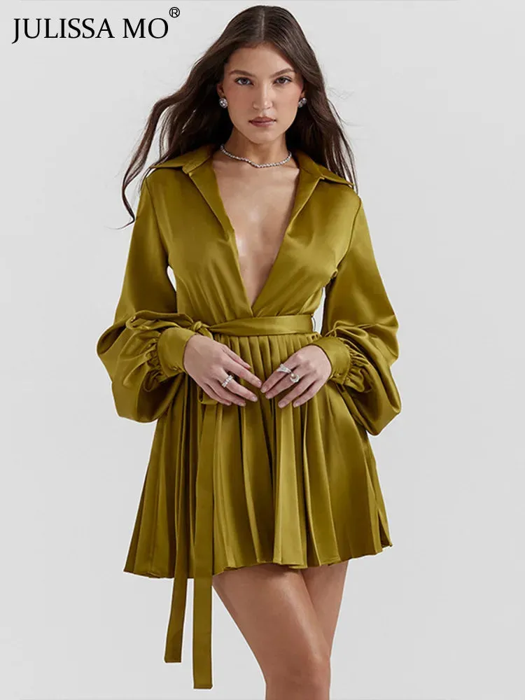 Deep V Neck Satin Long Sleeve Solid Sexy Evening Dress Women 2024 New Party Slim Bandage Pleated Mini Dress
