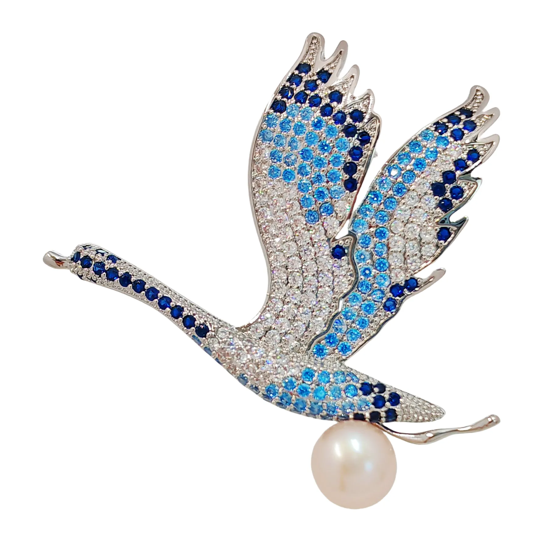 Elegant Goose Brooch with Golden Faux Pearl – Deep Blue Feathers and Light Blue Wings – Paving Setting Brooch – Animal-Inspired Vintage Jewelry for Women