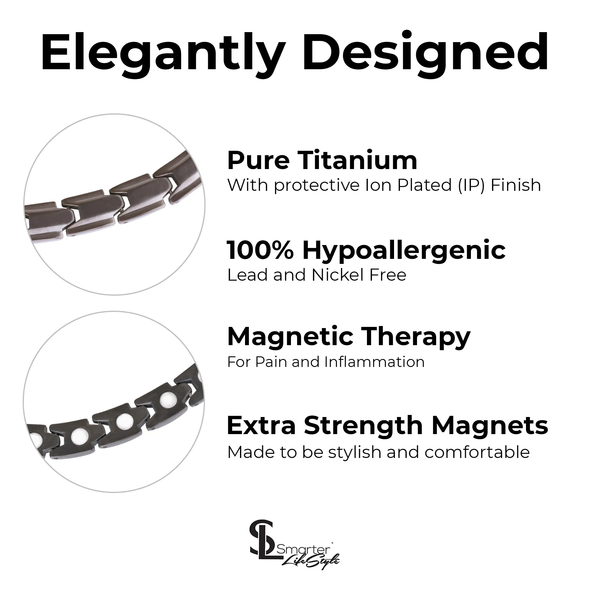 Elegant Titanium Magnetic Therapy Necklace - Unisex - Width: .35in, Solid / Gunmetal Gray