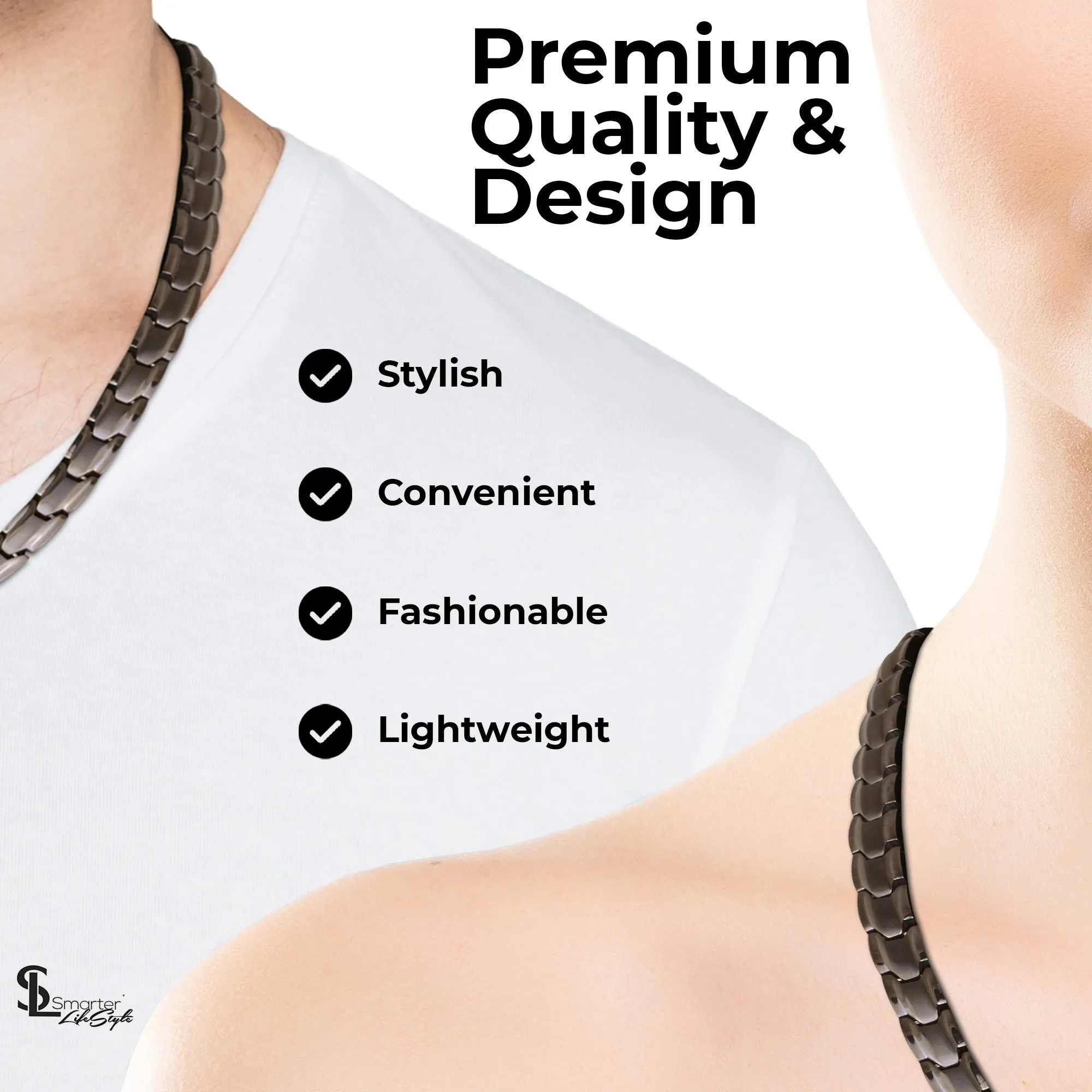 Elegant Titanium Magnetic Therapy Necklace - Unisex - Width: .35in, Solid / Gunmetal Gray