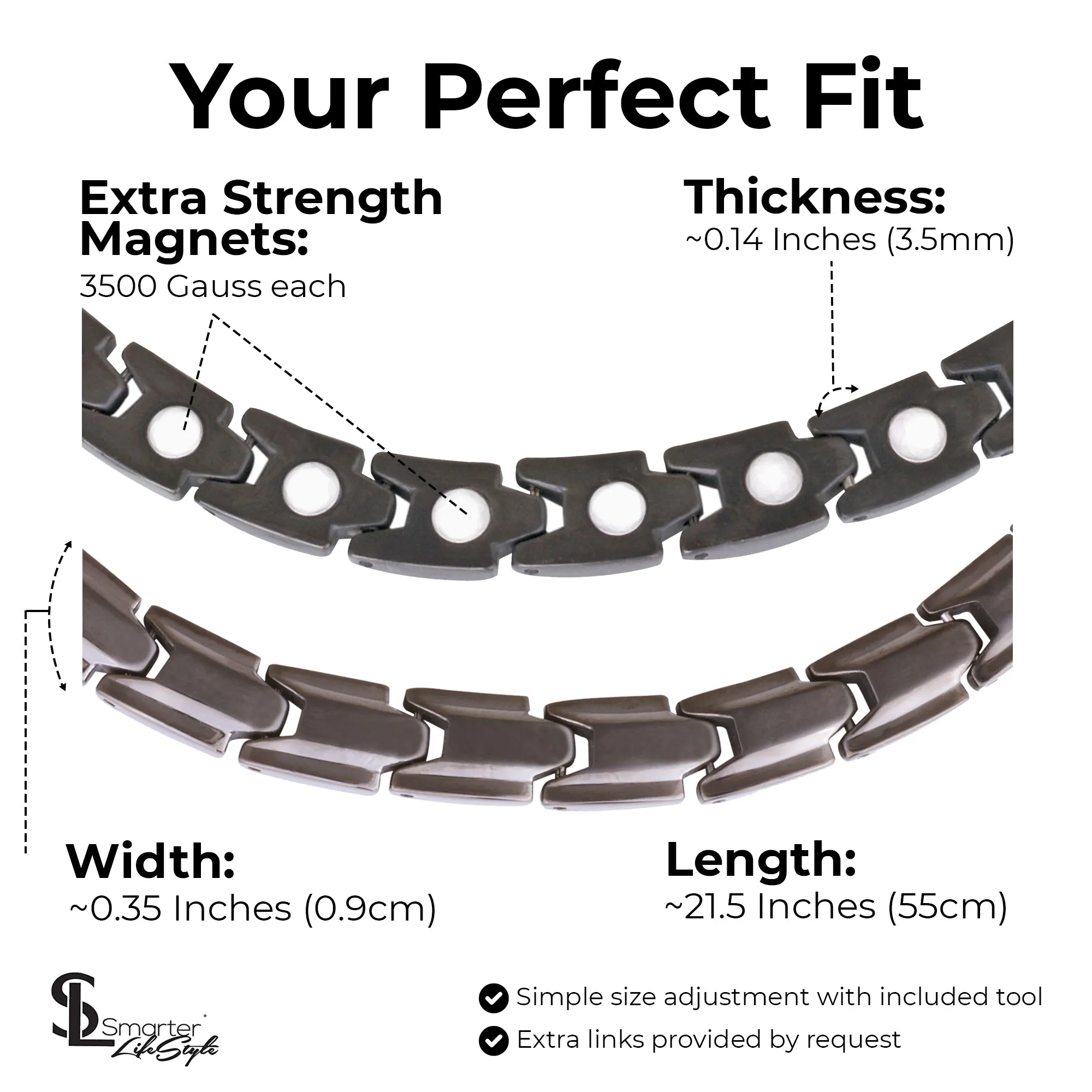 Elegant Titanium Magnetic Therapy Necklace - Unisex - Width: .35in, Solid / Gunmetal Gray