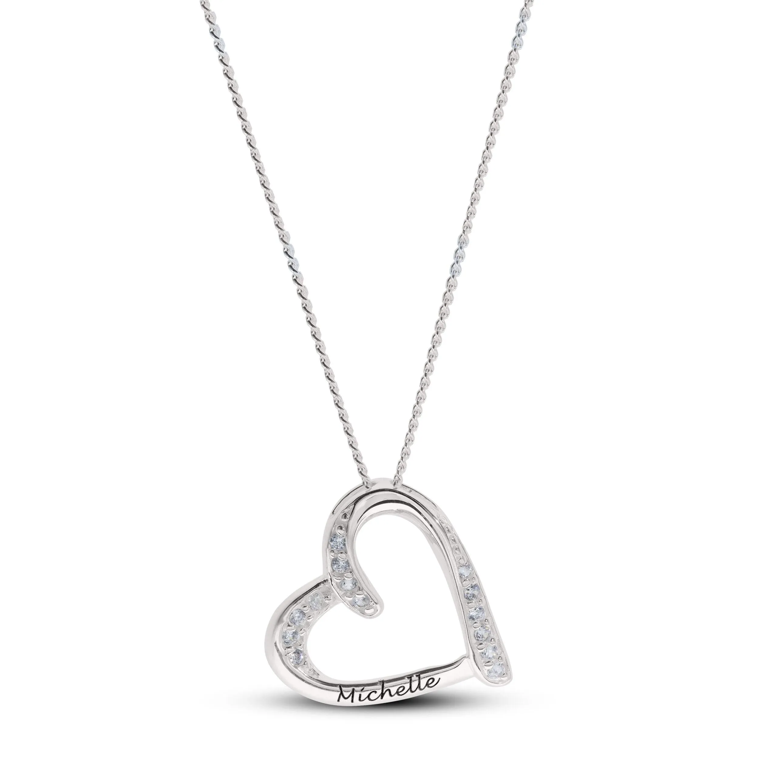 Engraved CZ Heart Shaped Necklace in Sterling Silver