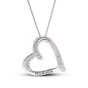 Engraved CZ Heart Shaped Necklace in Sterling Silver
