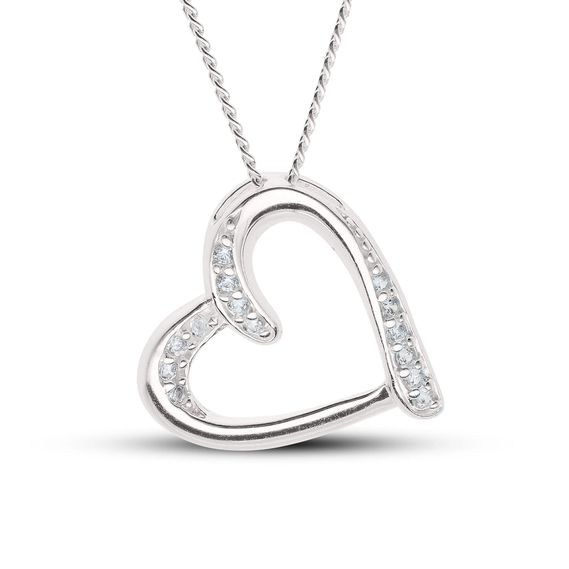 Engraved CZ Heart Shaped Necklace in Sterling Silver