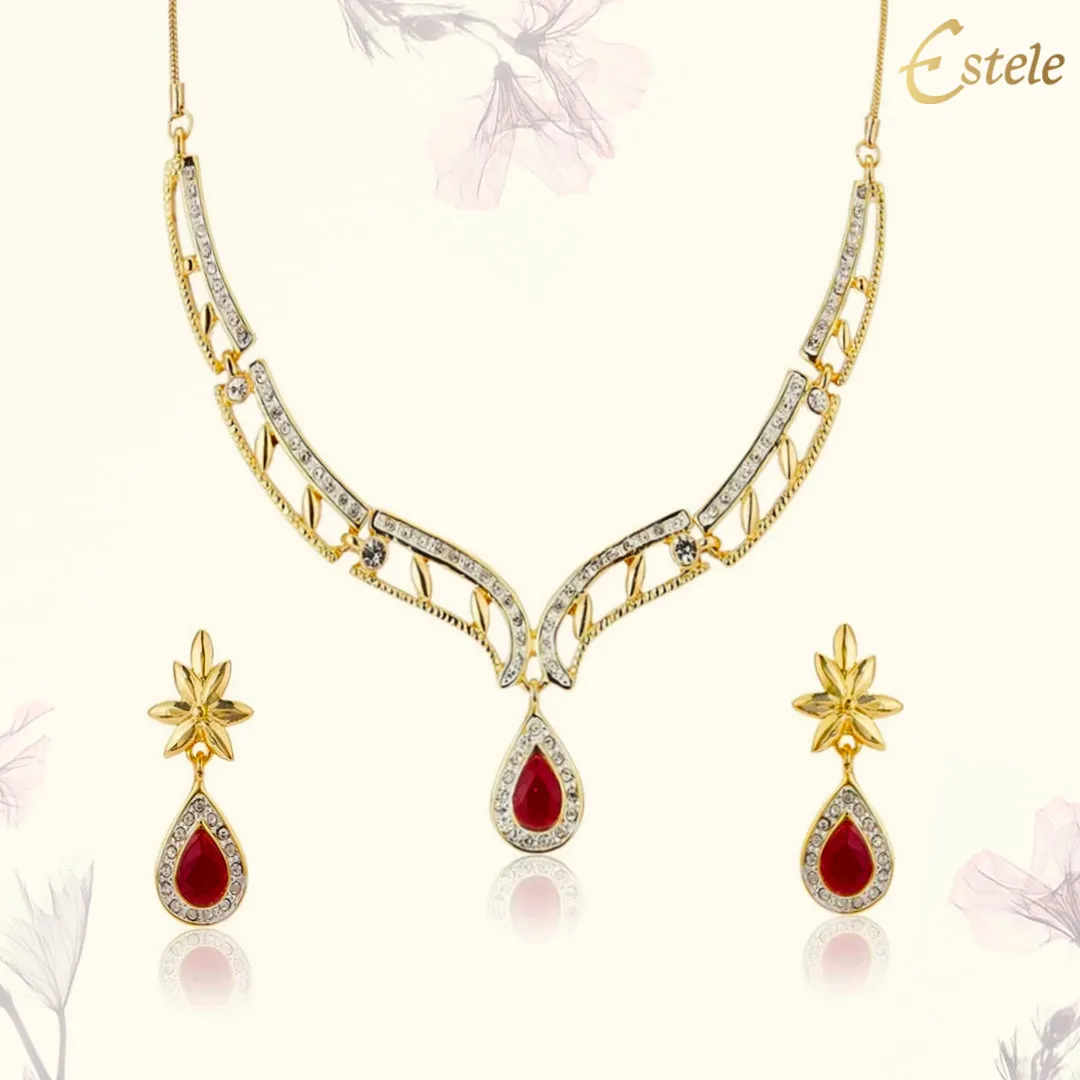 Estele 24 CT gold plated american diamond and ruby Necklace Set for Women