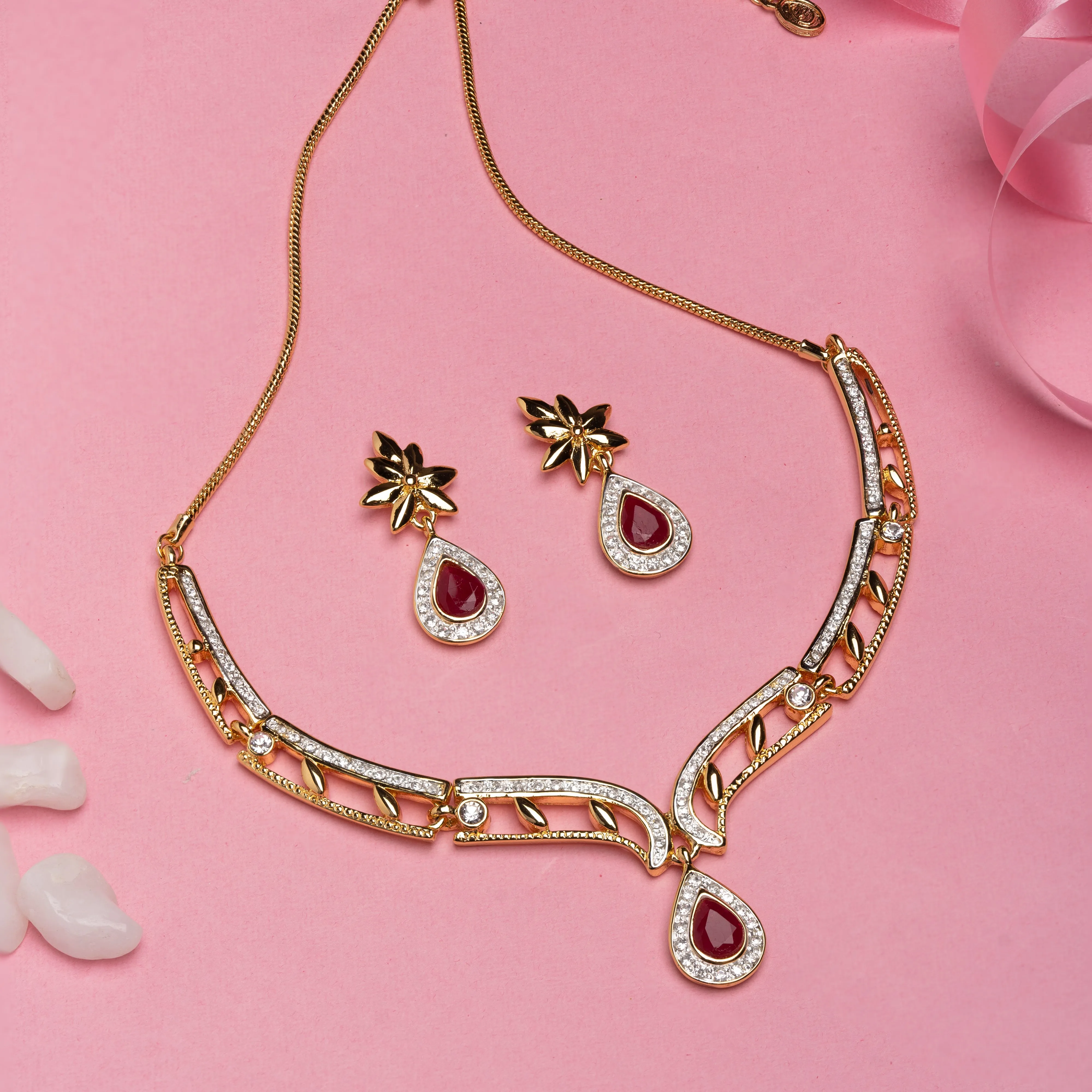 Estele 24 CT gold plated american diamond and ruby Necklace Set for Women