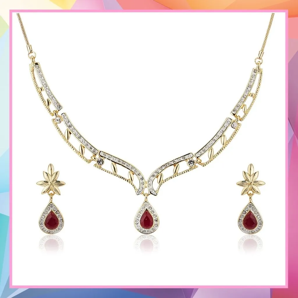 Estele 24 CT gold plated american diamond and ruby Necklace Set for Women