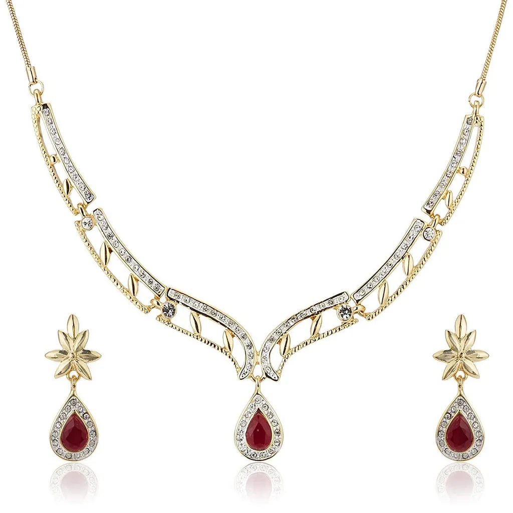Estele 24 CT gold plated american diamond and ruby Necklace Set for Women
