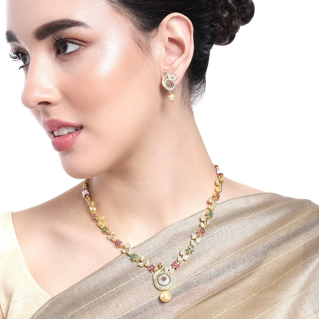 Estele Gold Plated CZ Beautiful Peacock Designer Necklace Set with Pearls for Women