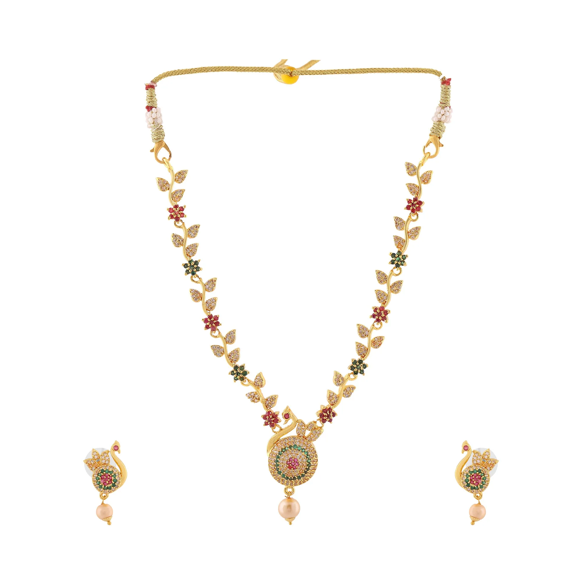Estele Gold Plated CZ Beautiful Peacock Designer Necklace Set with Pearls for Women