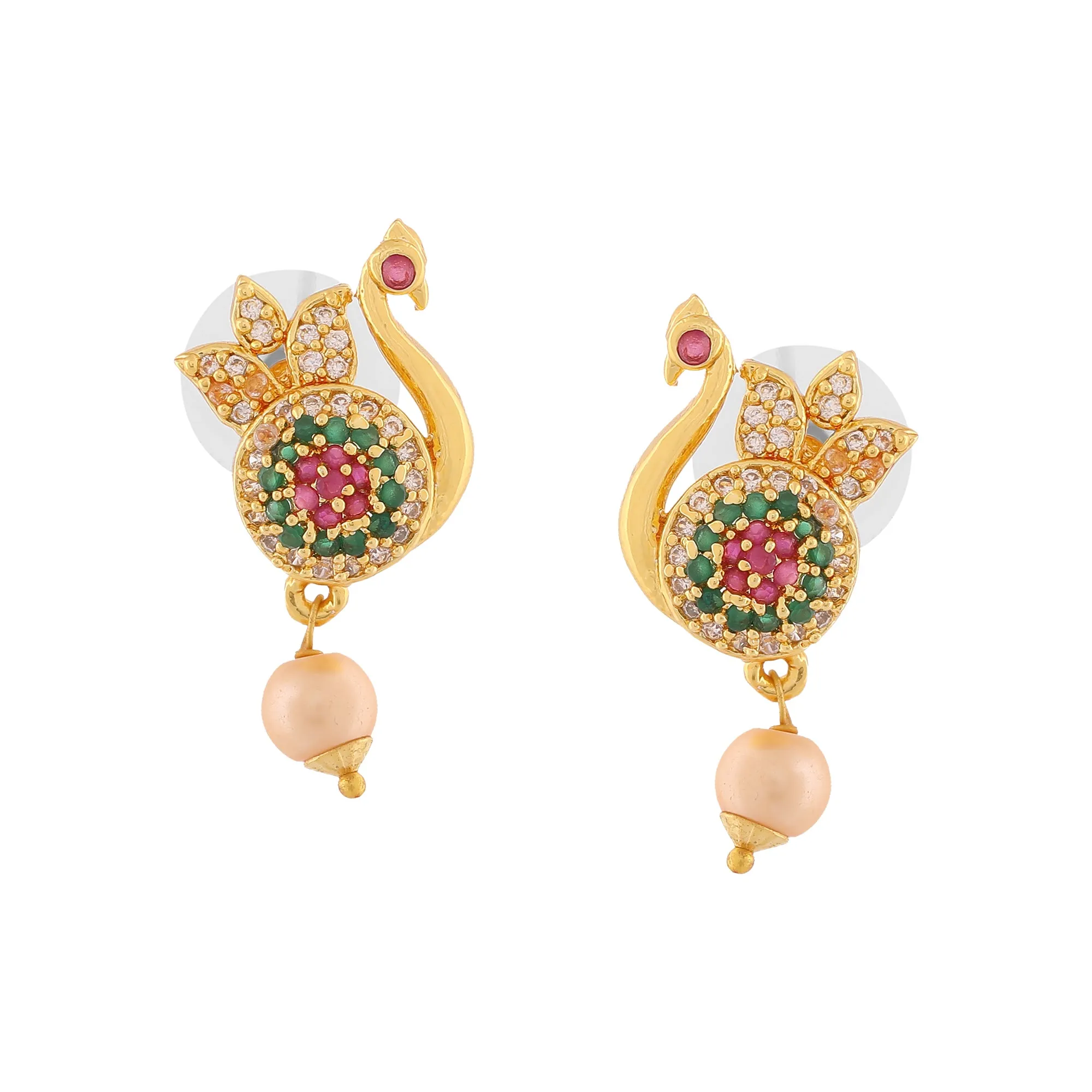 Estele Gold Plated CZ Beautiful Peacock Designer Necklace Set with Pearls for Women