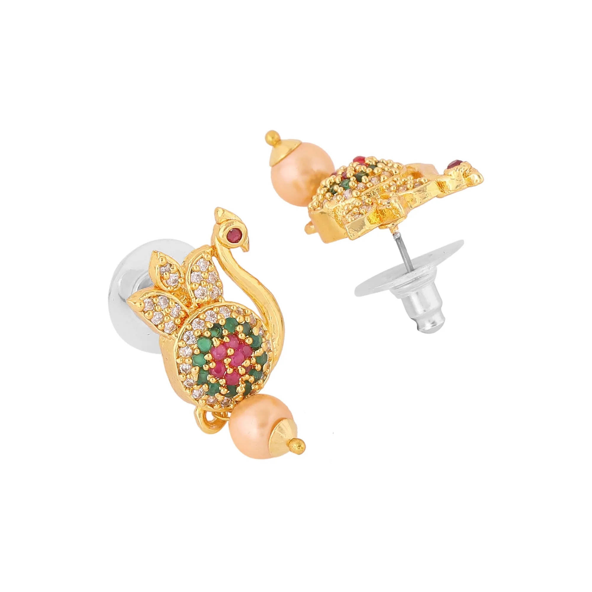 Estele Gold Plated CZ Beautiful Peacock Designer Necklace Set with Pearls for Women