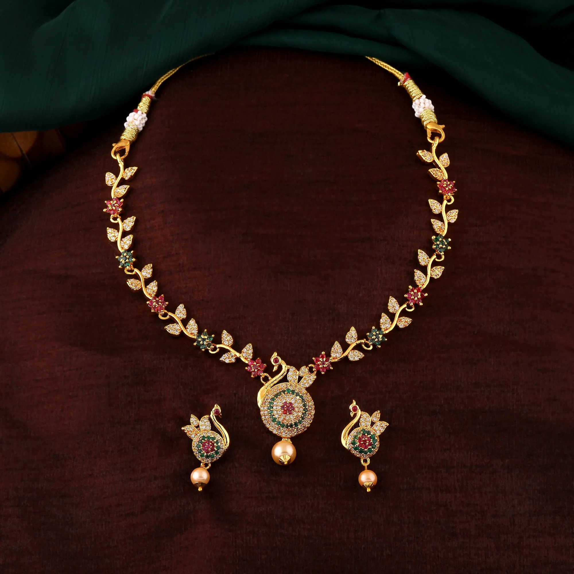 Estele Gold Plated CZ Beautiful Peacock Designer Necklace Set with Pearls for Women
