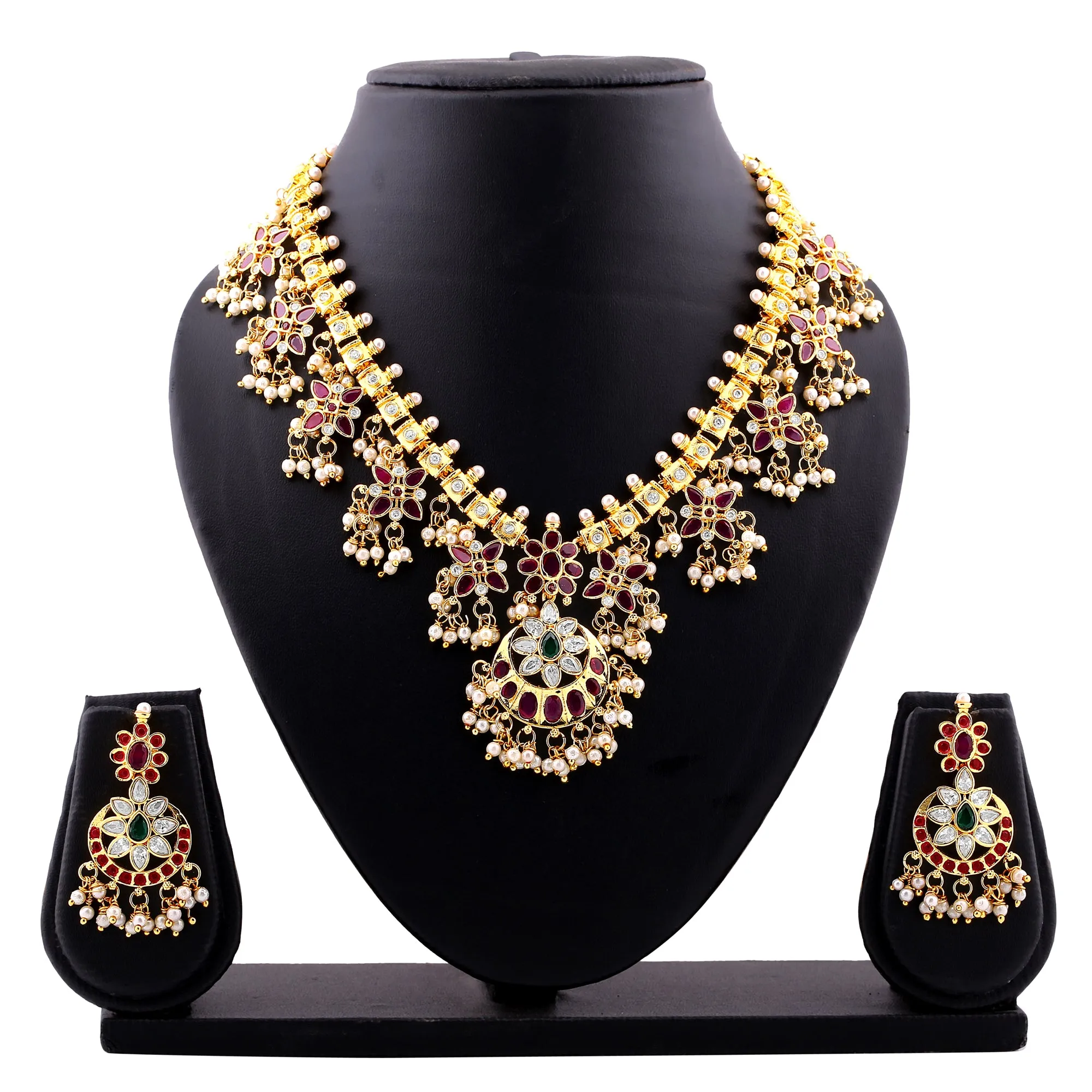 Estele Gold Plated CZ Double Layered Machilipatnam Bridal Necklace Set with Red & Green Crystals for Women