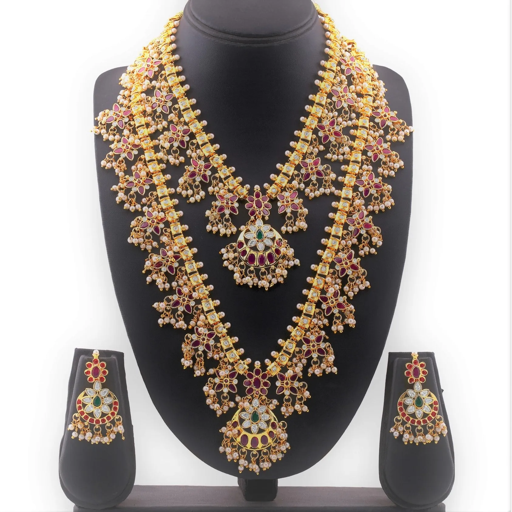 Estele Gold Plated CZ Double Layered Machilipatnam Bridal Necklace Set with Red & Green Crystals for Women