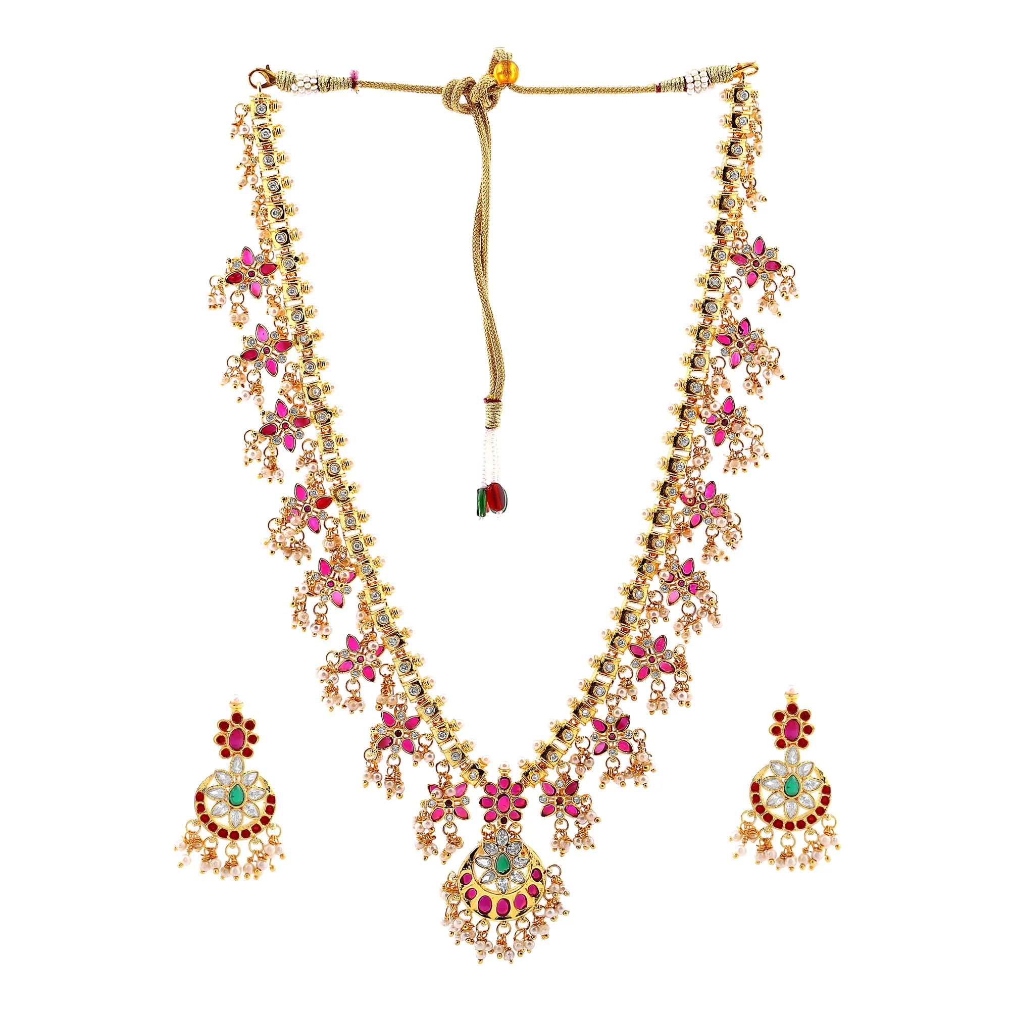Estele Gold Plated CZ Double Layered Machilipatnam Bridal Necklace Set with Red & Green Crystals for Women