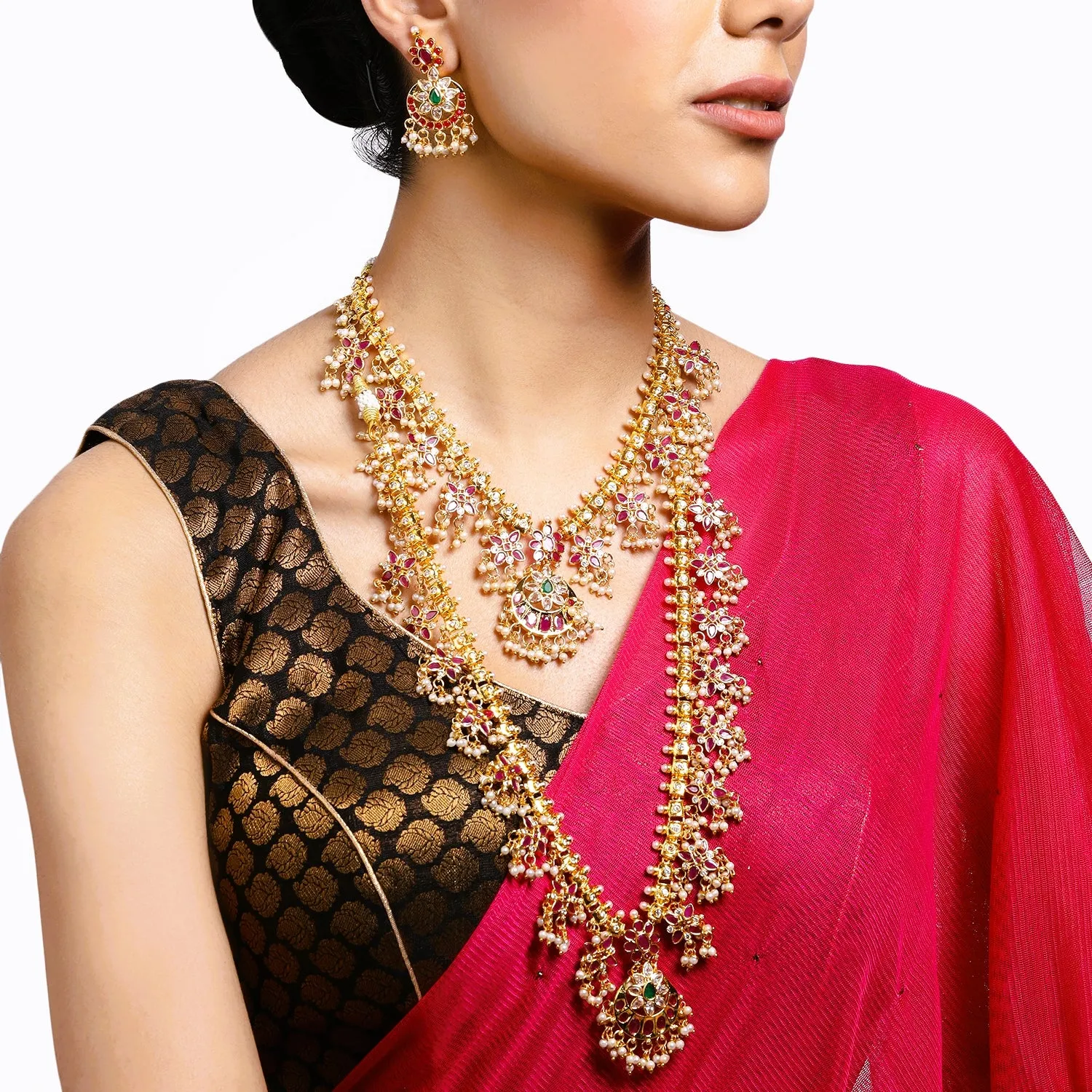Estele Gold Plated CZ Double Layered Machilipatnam Bridal Necklace Set with Red & Green Crystals for Women