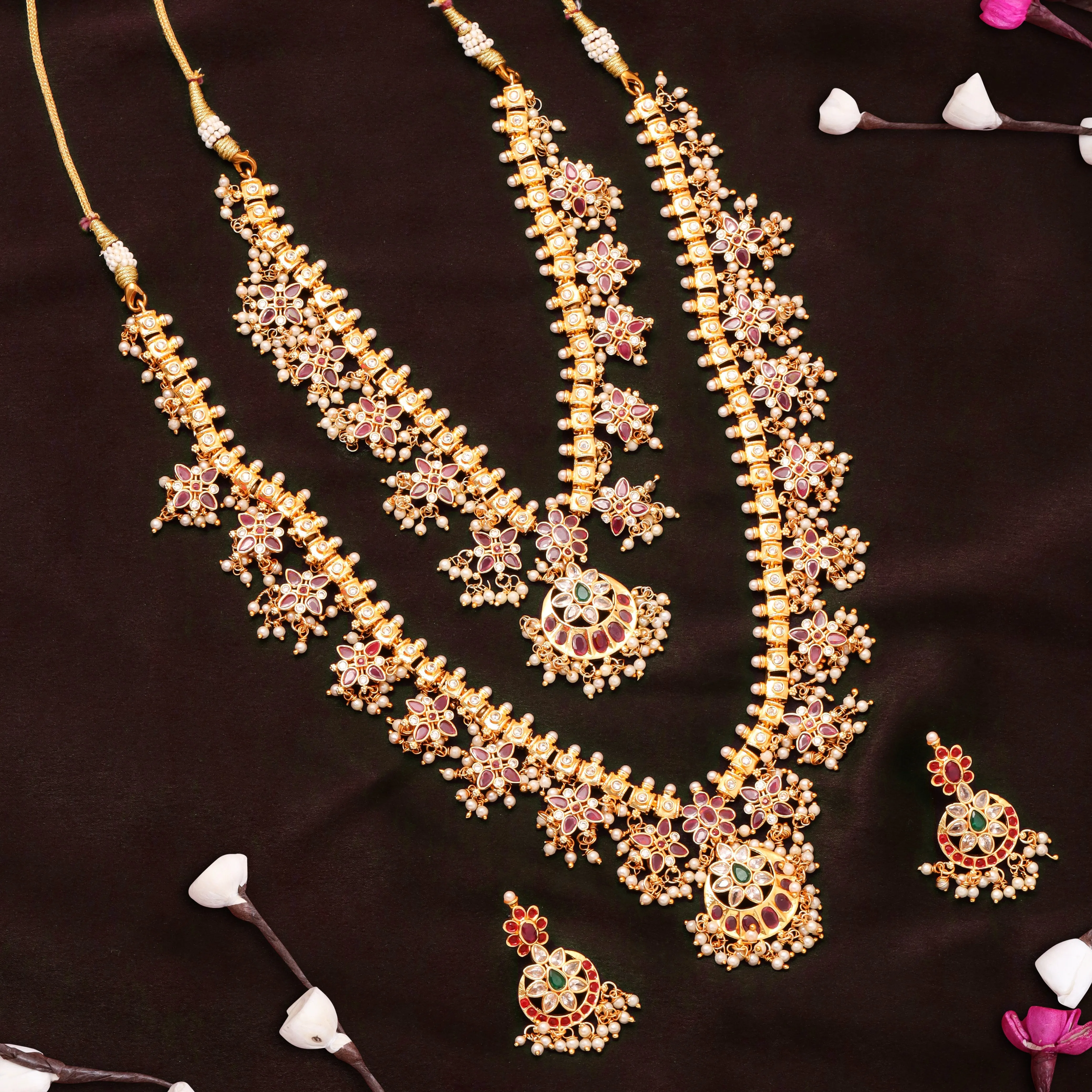 Estele Gold Plated CZ Double Layered Machilipatnam Bridal Necklace Set with Red & Green Crystals for Women