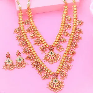 Estele Gold Plated CZ Double Layered Machilipatnam Bridal Necklace Set with Red & Green Crystals for Women