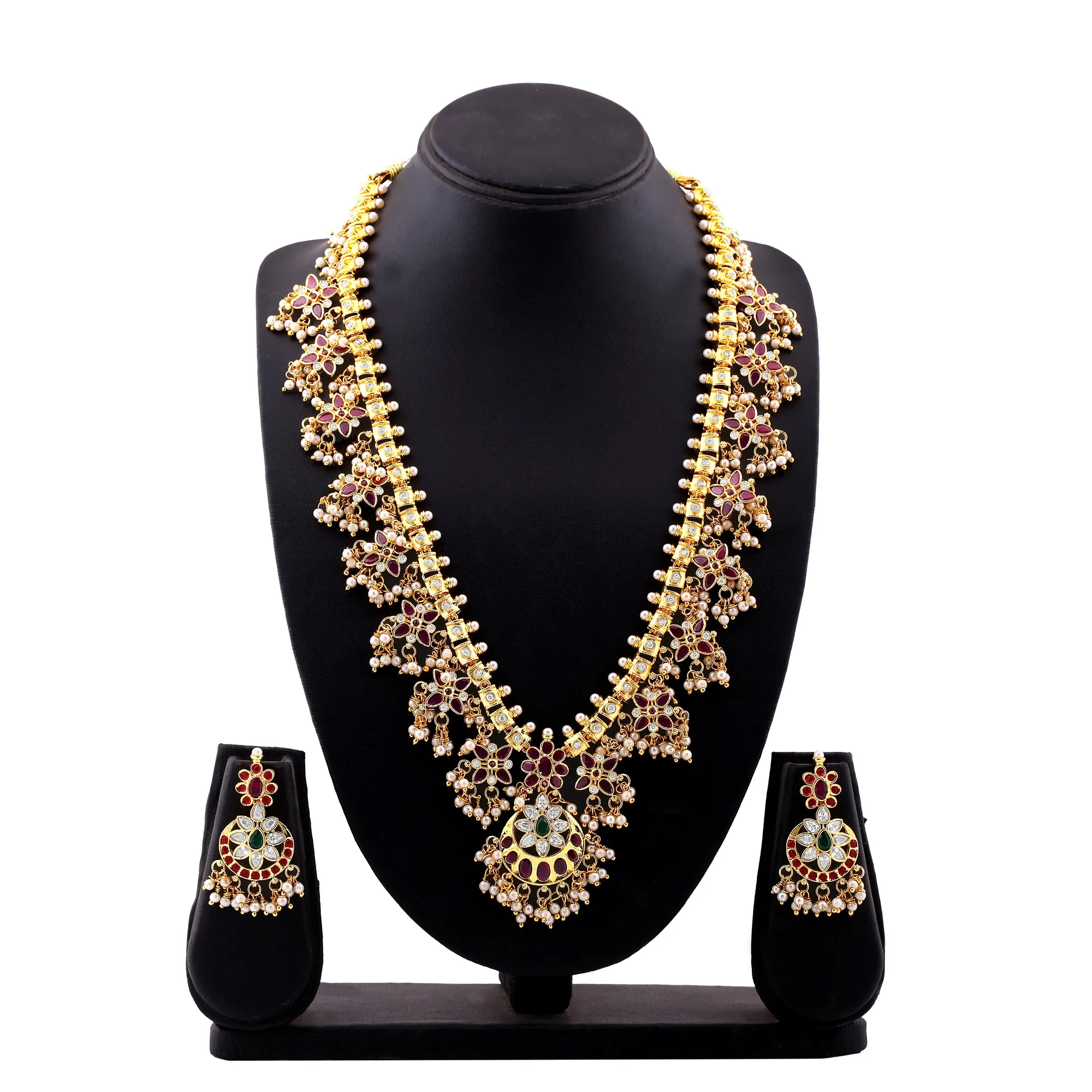 Estele Gold Plated CZ Double Layered Machilipatnam Bridal Necklace Set with Red & Green Crystals for Women