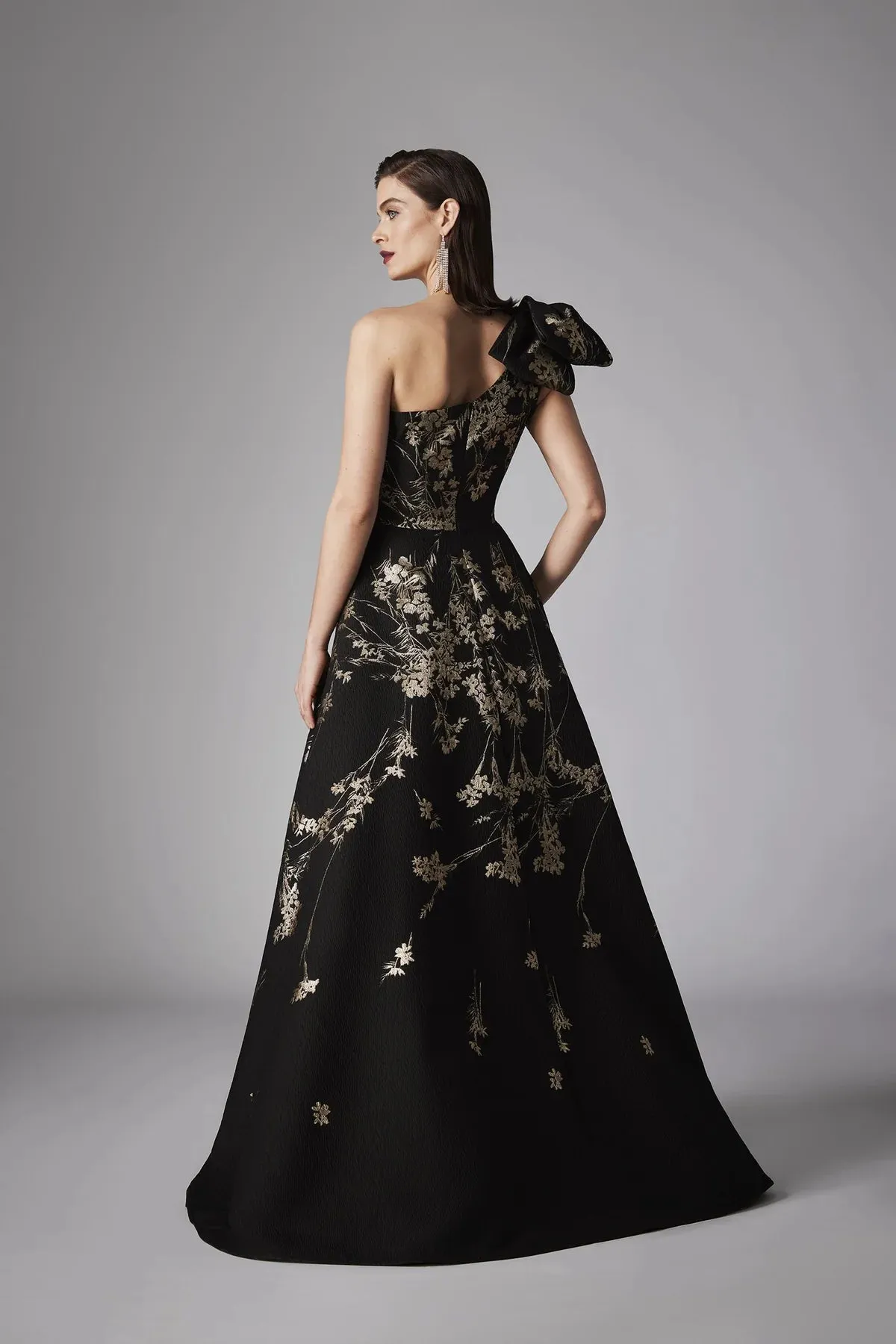 Floral Metallic One Shoulder Gown