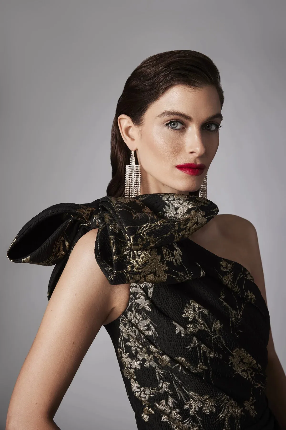 Floral Metallic One Shoulder Gown