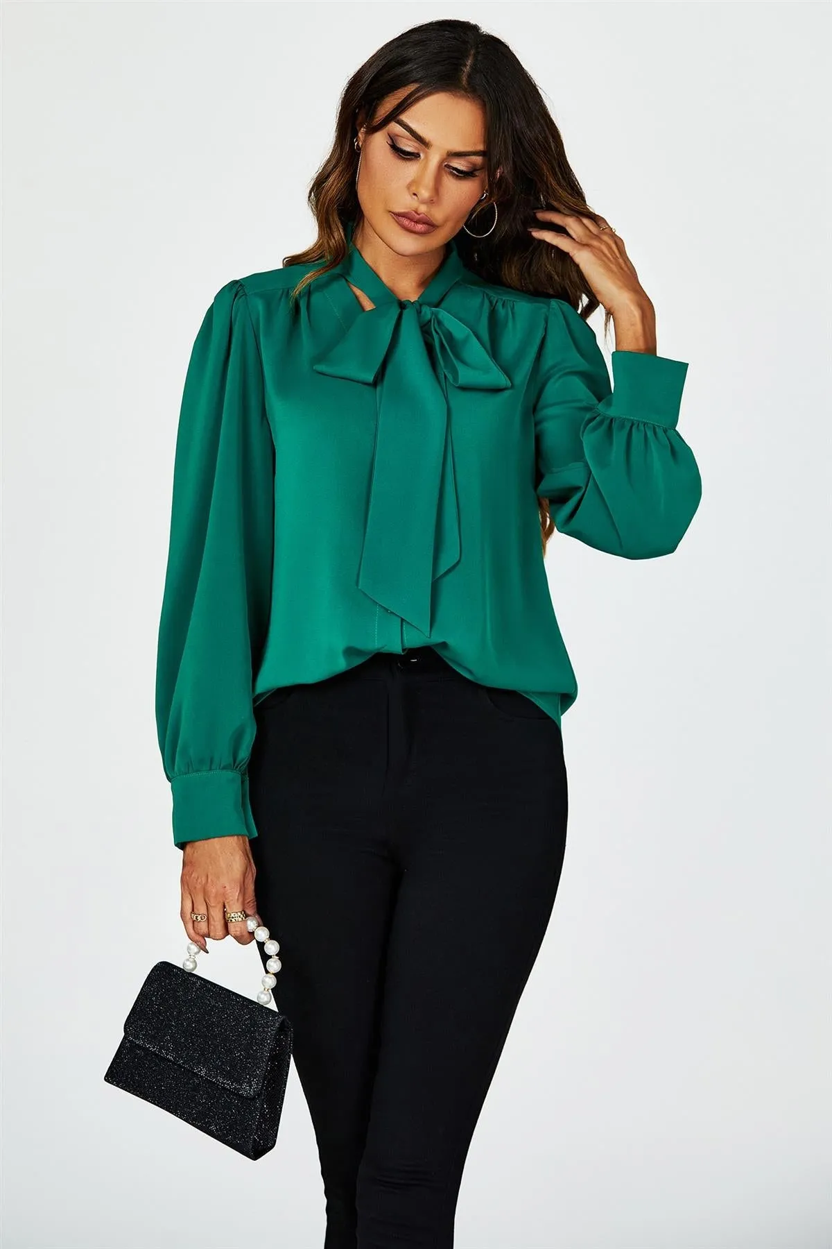 FS Collection Tie Detail Long Sleeve Blouse Top In Green