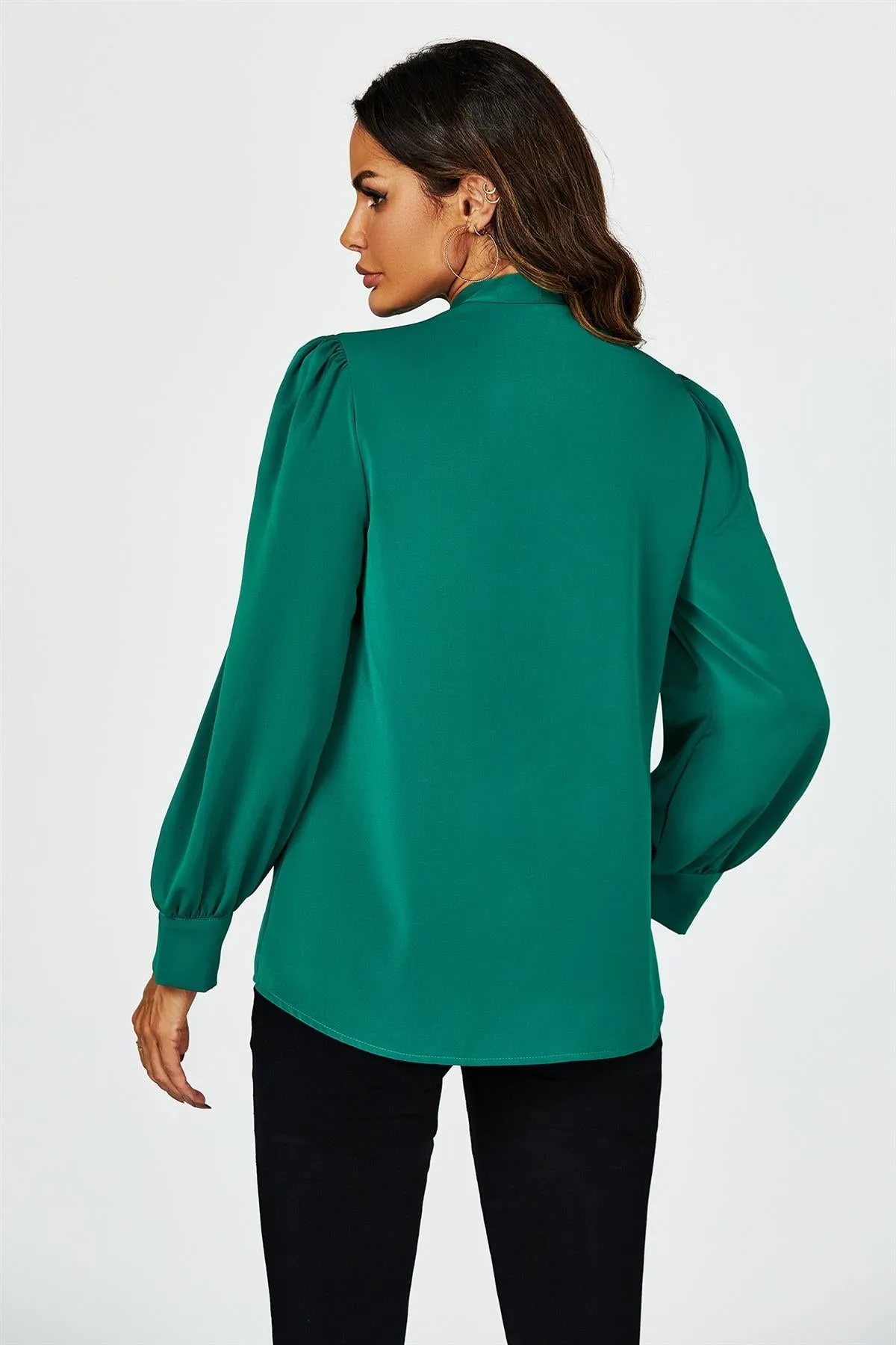 FS Collection Tie Detail Long Sleeve Blouse Top In Green