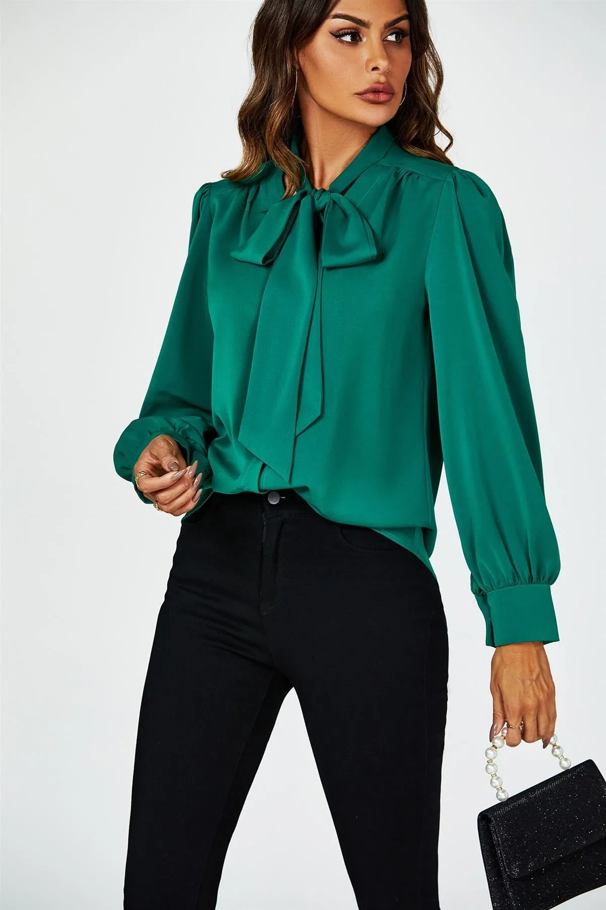 FS Collection Tie Detail Long Sleeve Blouse Top In Green