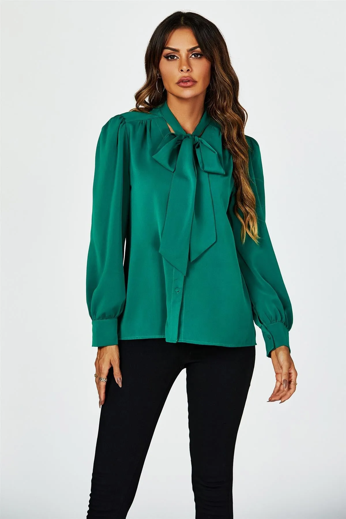 FS Collection Tie Detail Long Sleeve Blouse Top In Green