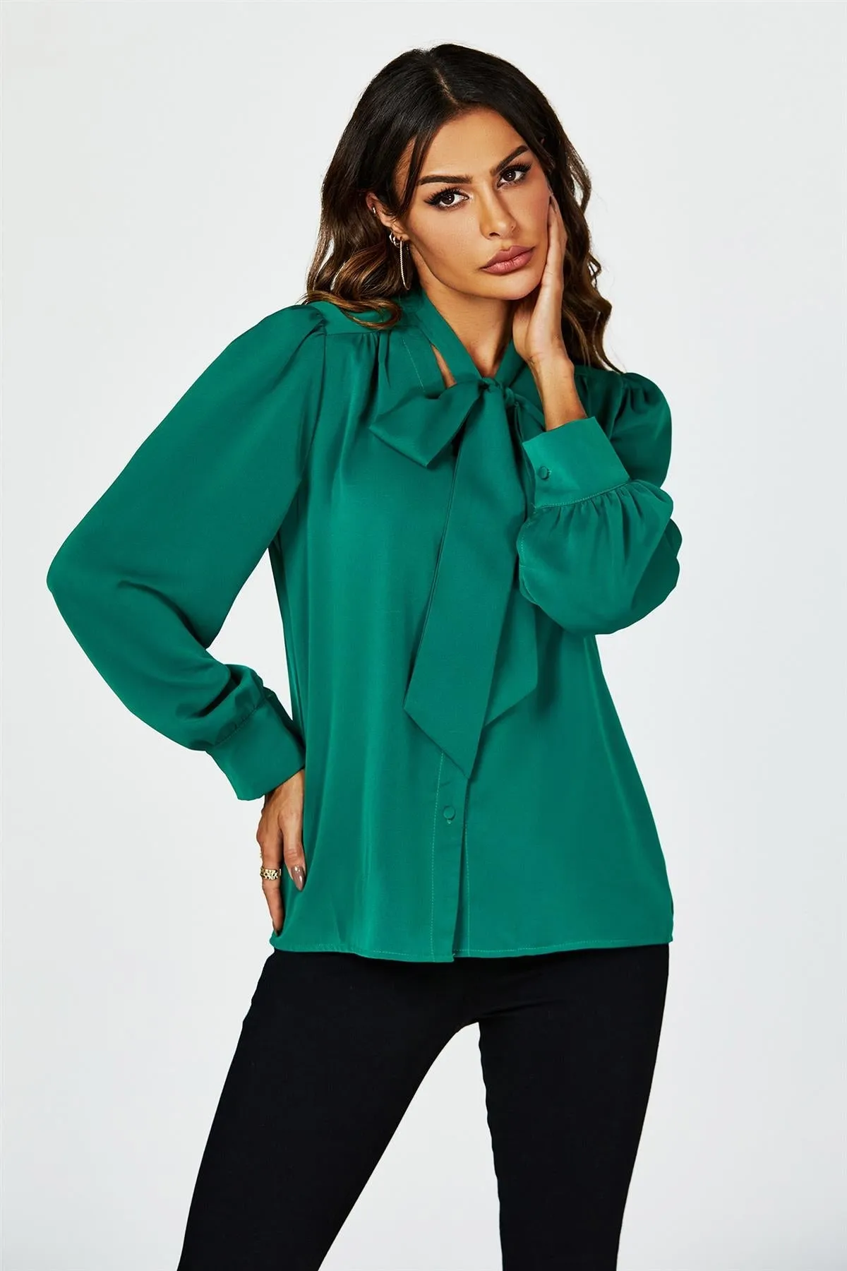 FS Collection Tie Detail Long Sleeve Blouse Top In Green